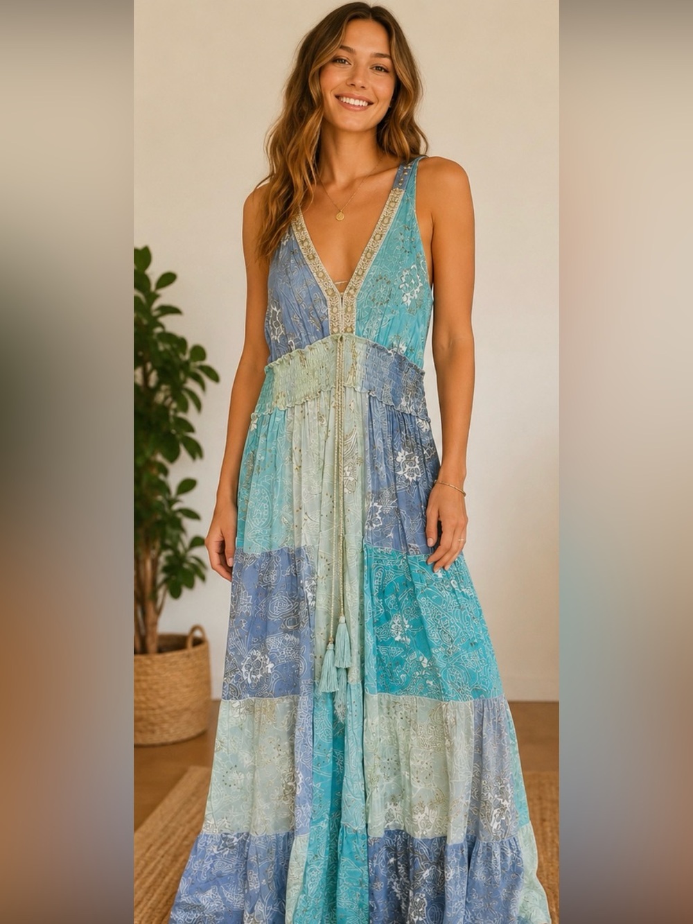 Isla Bonita Boho Patchwork Maxi Dress in Teal and Aqua- NWT